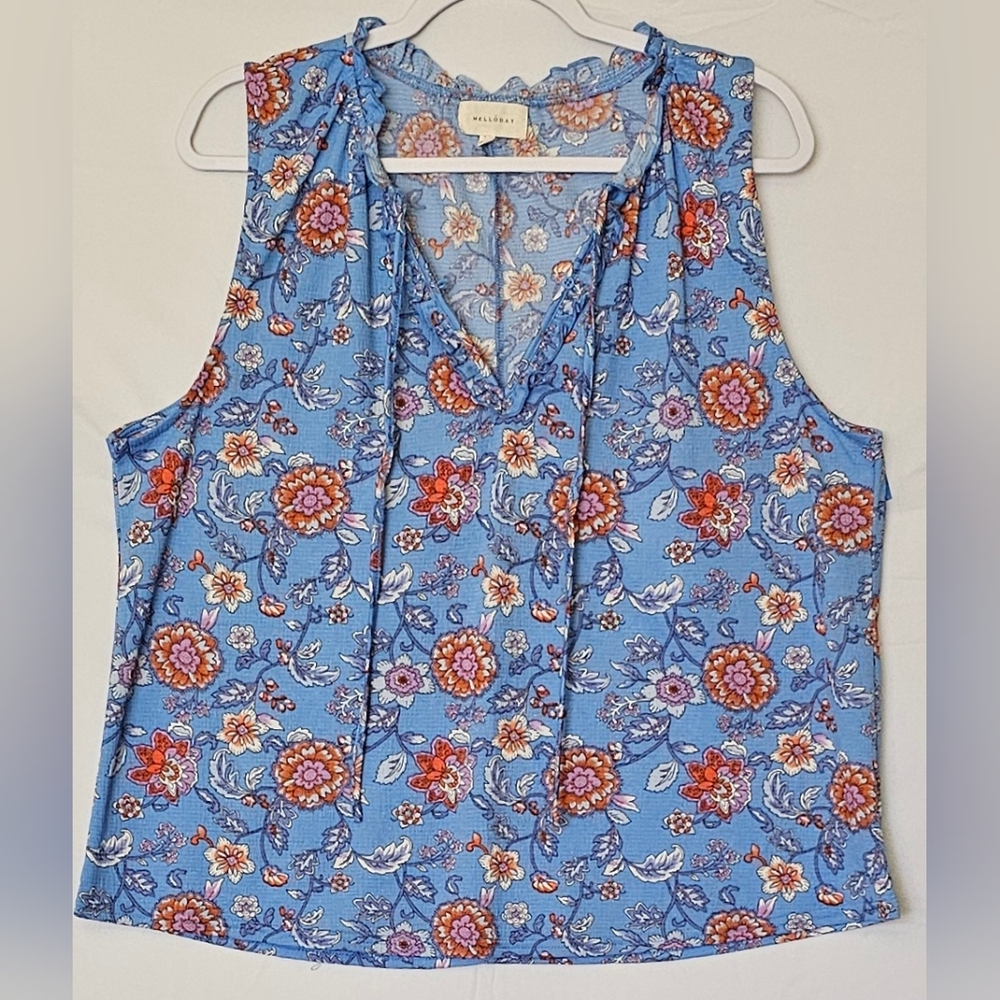 Ladies Blue Floral Tank Blouse with Long Ties And Button/Loop Size XL